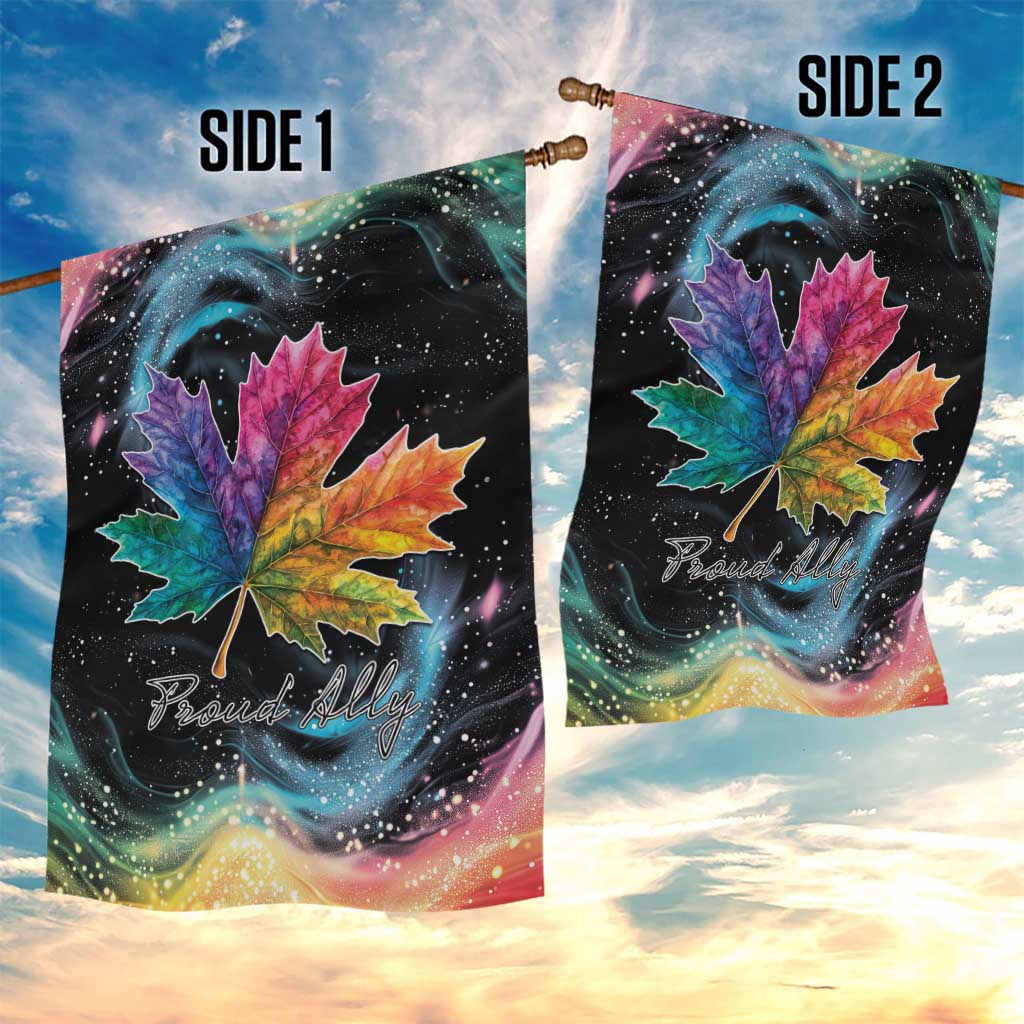 Double-sided garden flag: rainbow maple leaf with 'Proud Ally' on both sides