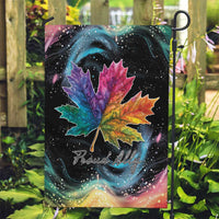 Black garden flag with rainbow maple leaf and 'Proud Ally' script, mounted on pole