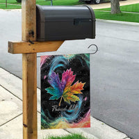 Black garden flag with rainbow maple leaf and 'Proud Ally' script, hanging from post