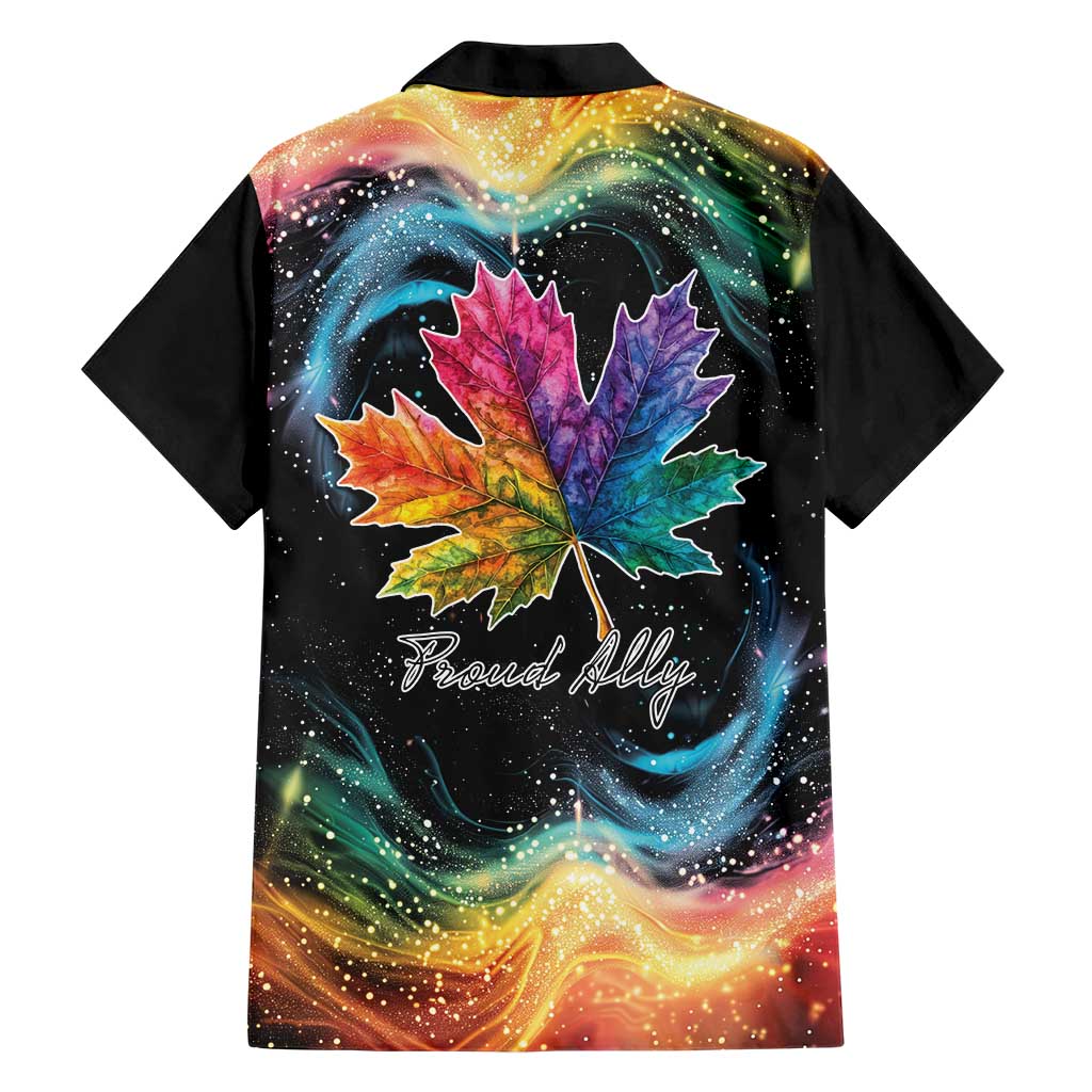 Black short-sleeve Hawaiian shirt, back view with rainbow maple leaf and Proud Ally text