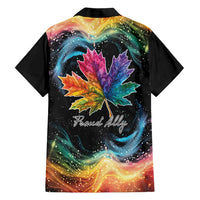 Black short-sleeve Hawaiian shirt, back view with rainbow maple leaf and Proud Ally text