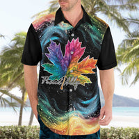 Black Hawaiian shirt on model with colorful maple leaf print and Proud Ally script