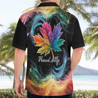 Black Hawaiian shirt on model, reverse side with rainbow maple leaf and Proud Ally script