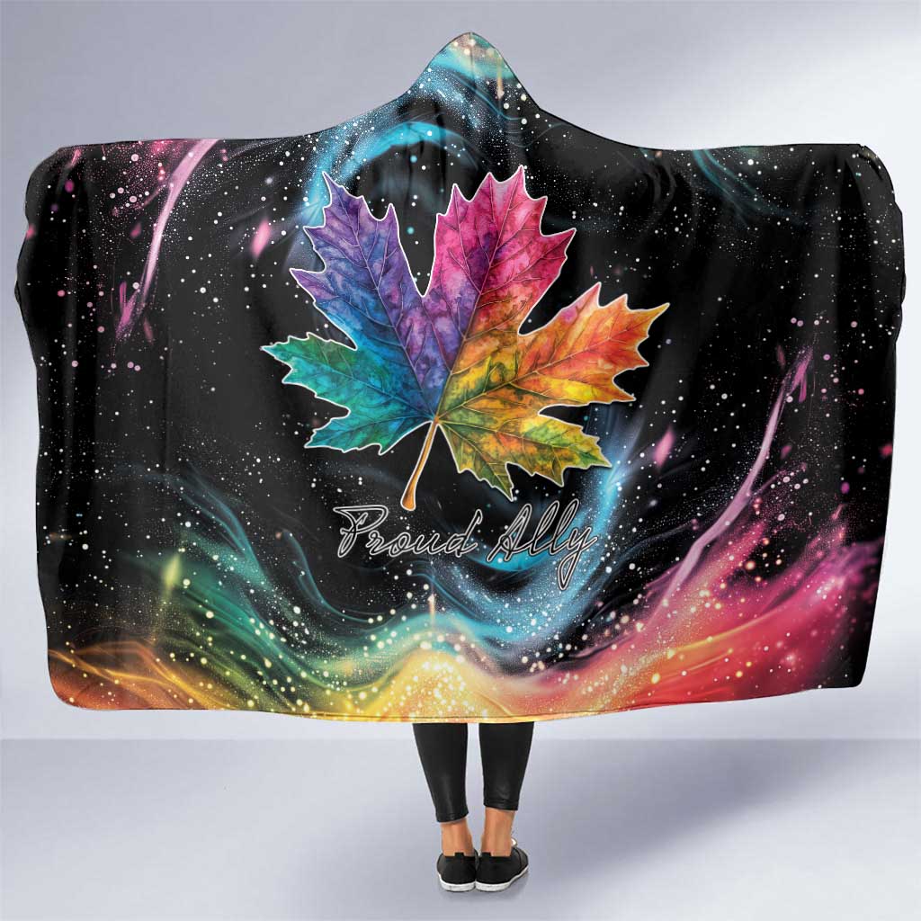 Black hooded blanket with rainbow maple leaf and galaxy nebula print