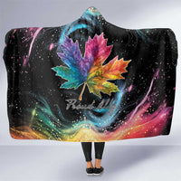 Black hooded blanket with rainbow maple leaf and galaxy nebula print