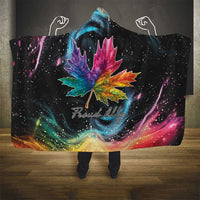 Black hooded blanket with rainbow maple leaf graphic and galaxy nebula, with hood up