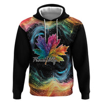 Black zip-up hoodie with multicolor rainbow maple leaf and 'Proud Ally' graphic