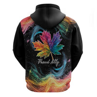 Black zip-up hoodie back with multicolor rainbow maple leaf and 'Proud Ally' text