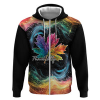 Black zip-up hoodie front view with multicolor rainbow maple leaf and 'Proud Ally' graphic