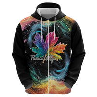 Black zip-up hoodie front view with rainbow maple leaf graphic and 'Proud Ally' lettering