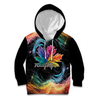 Black kid hoodie with colorful maple leaf and galaxy swirl graphic, front view
