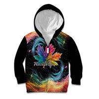 Black kid hoodie with rainbow maple leaf galaxy graphic, front view