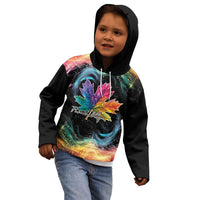 Kids black hoodie with colorful maple leaf galaxy print and attached hood, worn