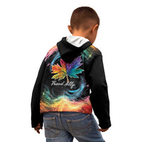 Kids black hoodie with back maple leaf galaxy print and attached hood, worn