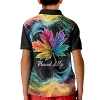 Kids' black polo shirt with back rainbow maple leaf and Proud Ally graphic