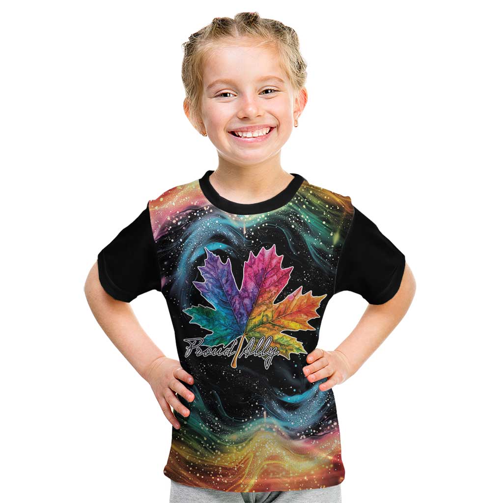 Kids black T-shirt with rainbow galaxy maple leaf front graphic, crew neck