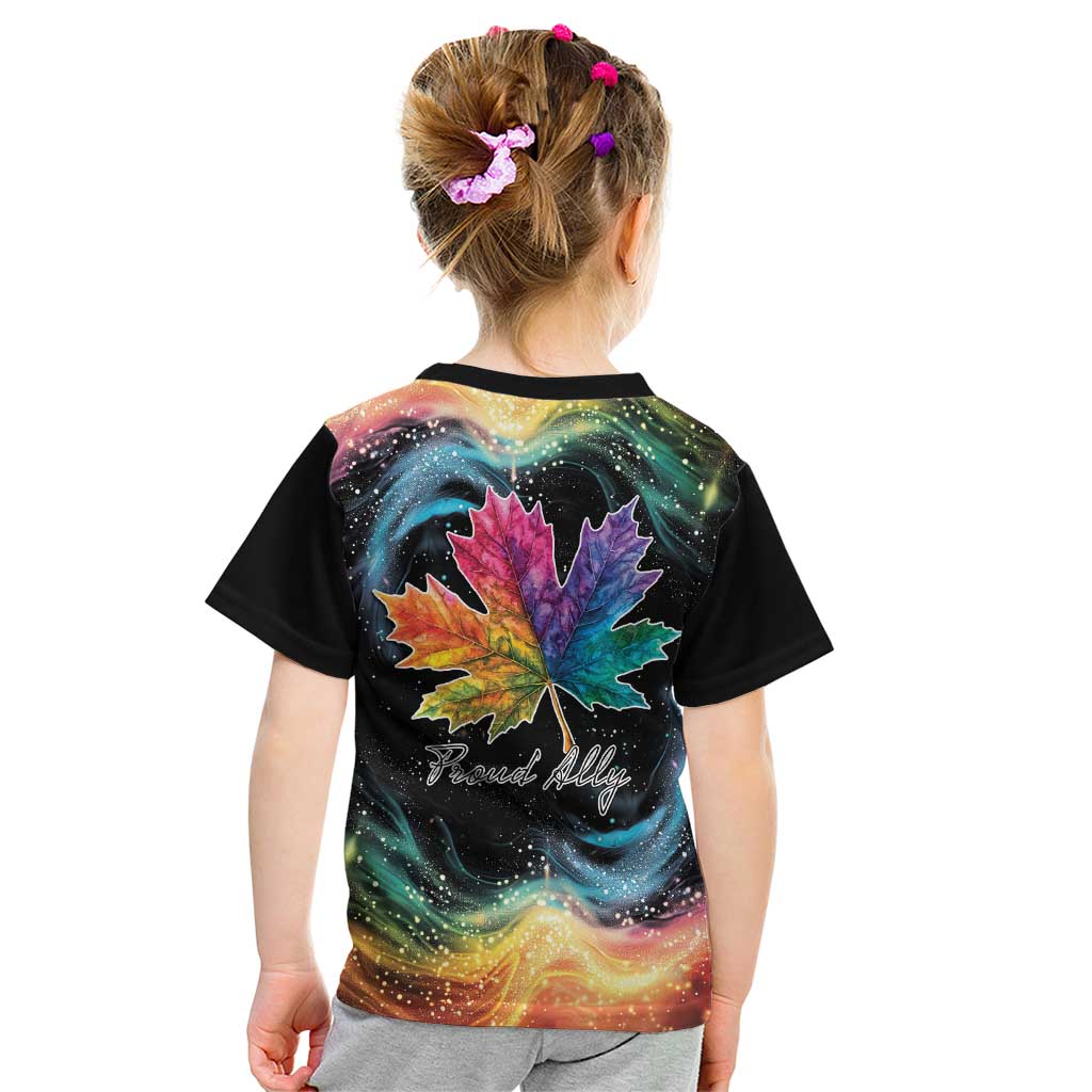 Kids black T-shirt with back rainbow galaxy maple leaf graphic, crew neck