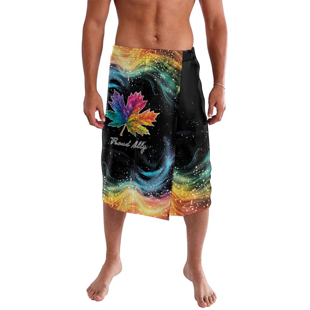 Black galaxy print shorts with rainbow swirl artwork and large maple leaf