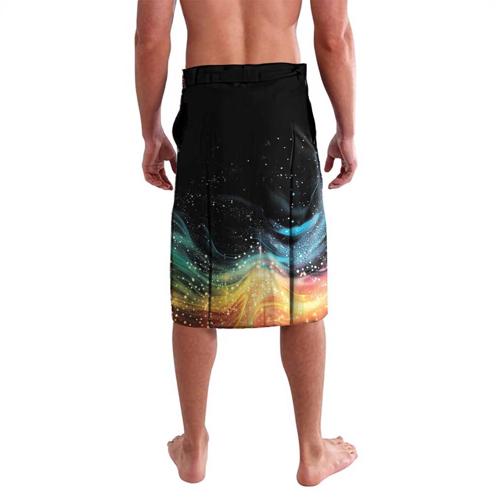 Black galaxy print shorts with rainbow gradient panel and elastic waistband