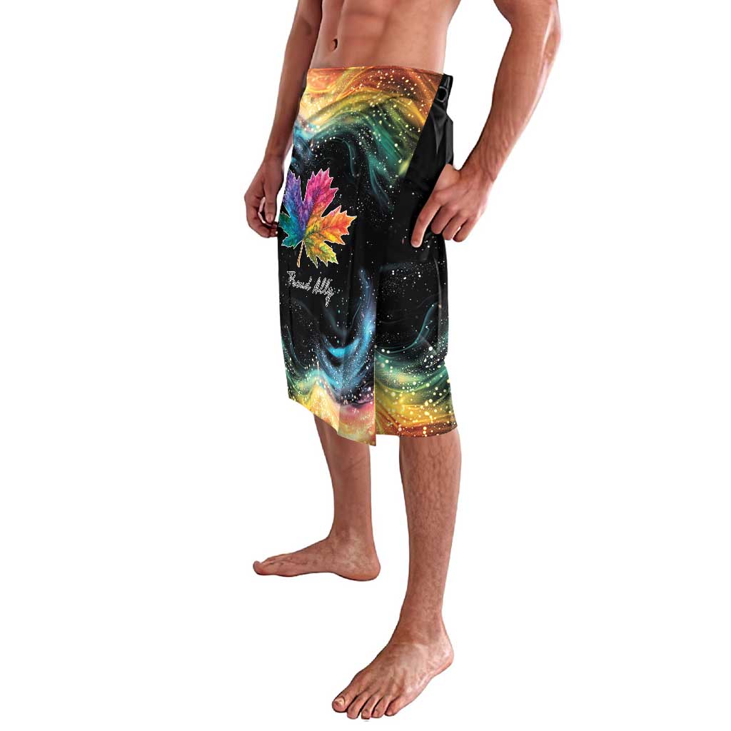 Black galaxy print shorts with rainbow maple leaf graphic and elastic waistband