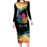 Black long-sleeve bodycon midi dress with rainbow maple leaf and cosmic swirl print