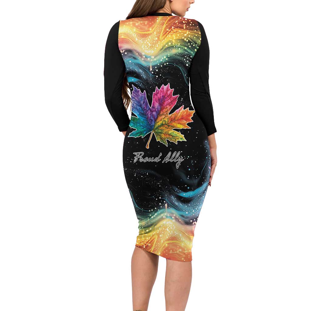 Back-view black long-sleeve bodycon midi dress with rainbow maple leaf print