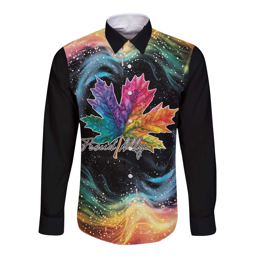 Black long-sleeve button shirt with rainbow galaxy maple leaf front graphic