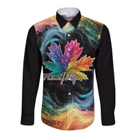 Black long-sleeve button shirt with rainbow galaxy maple leaf front graphic