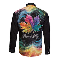 Black long-sleeve button shirt with rainbow galaxy maple leaf back graphic