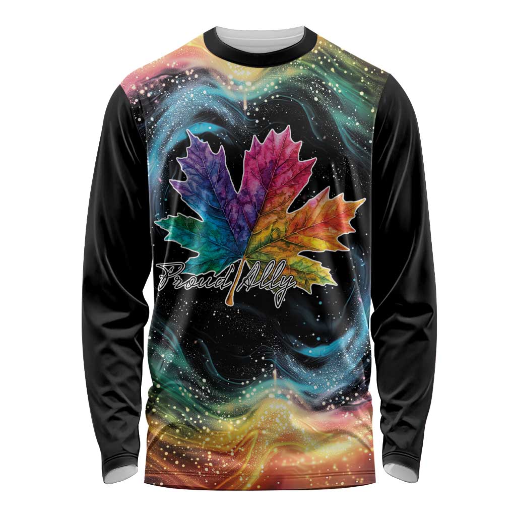 Black long-sleeve shirt with rainbow galaxy maple leaf graphic and 'Proud Ally' text