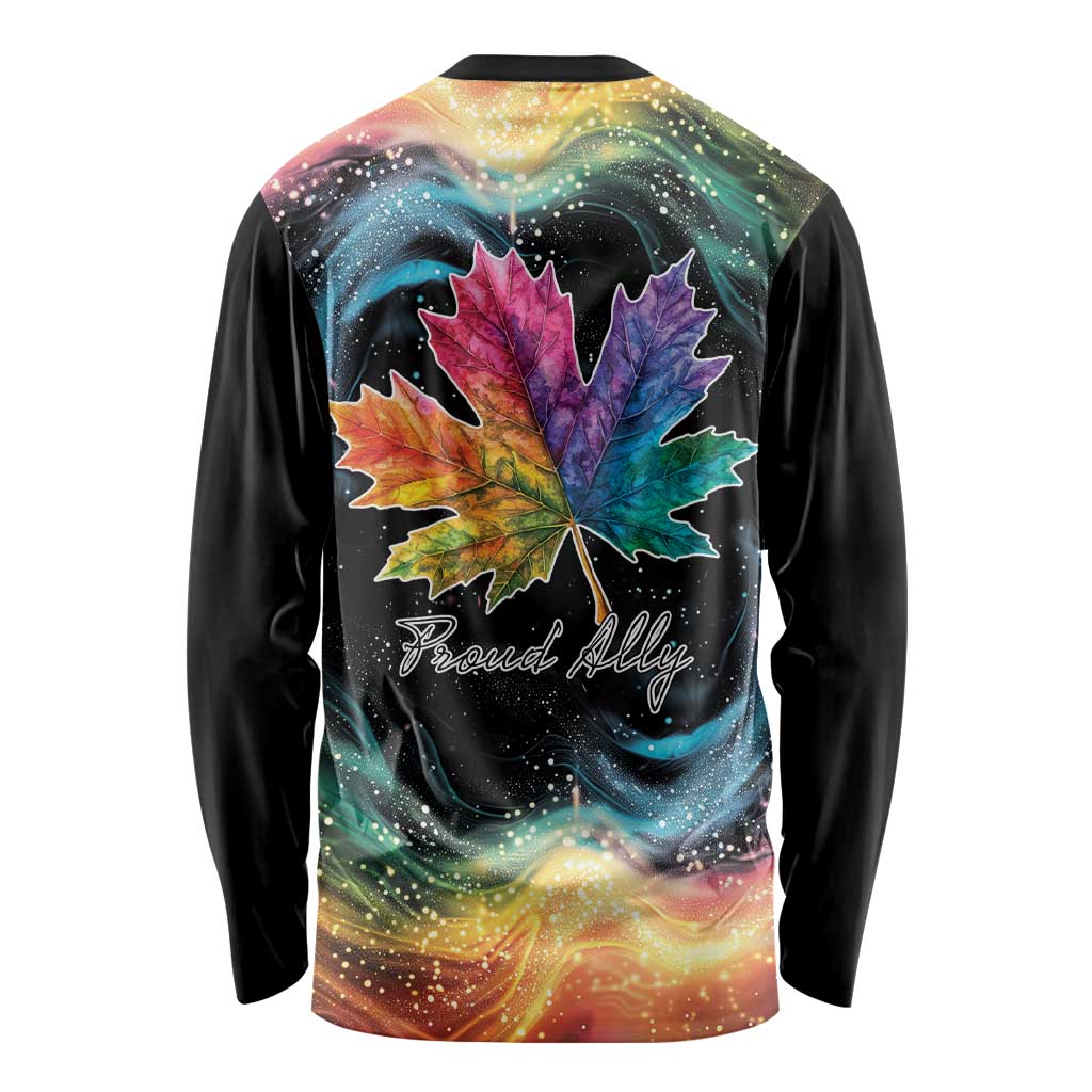 Black long-sleeve back shirt with rainbow galaxy maple leaf graphic and 'Proud Ally' text