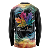 Black long-sleeve back shirt with rainbow galaxy maple leaf graphic and 'Proud Ally' text