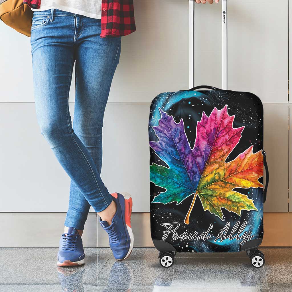 Black luggage cover with rainbow maple leaf design, Pride All script, corner wheels