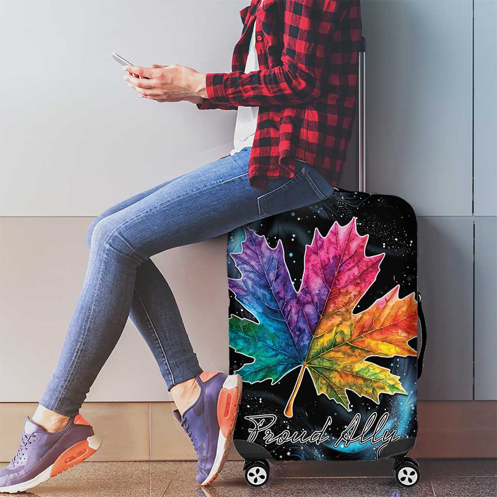 Black luggage cover showing rainbow maple leaf and Pride All script on suitcase