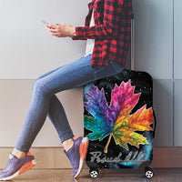 Black luggage cover showing rainbow maple leaf and Pride All script on suitcase