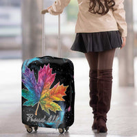 Black luggage cover with rainbow maple leaf graphic and Pride All text, pull-up handle