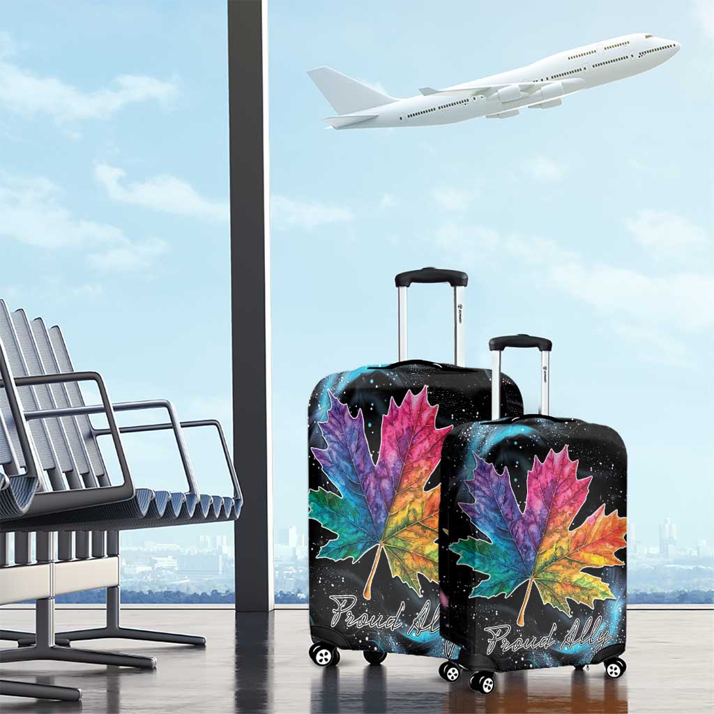 Black luggage cover set with rainbow maple leaf and Pride All on two wheeled cases