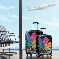 Black luggage cover set with rainbow maple leaf and Pride All on two wheeled cases