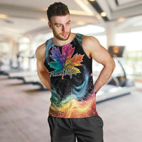 Men's black tank top with colorful maple leaf and galaxy rainbow print