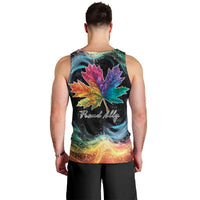 Men's black tank top, back view, colorful maple leaf galaxy rainbow graphic