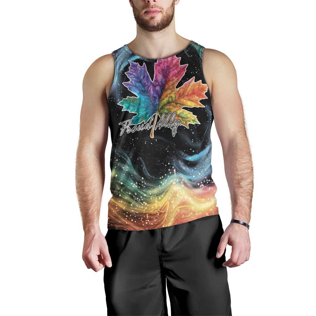Men's black tank top front view with rainbow maple leaf and cosmic swirls