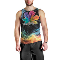 Men's black tank top front view with rainbow maple leaf and cosmic swirls