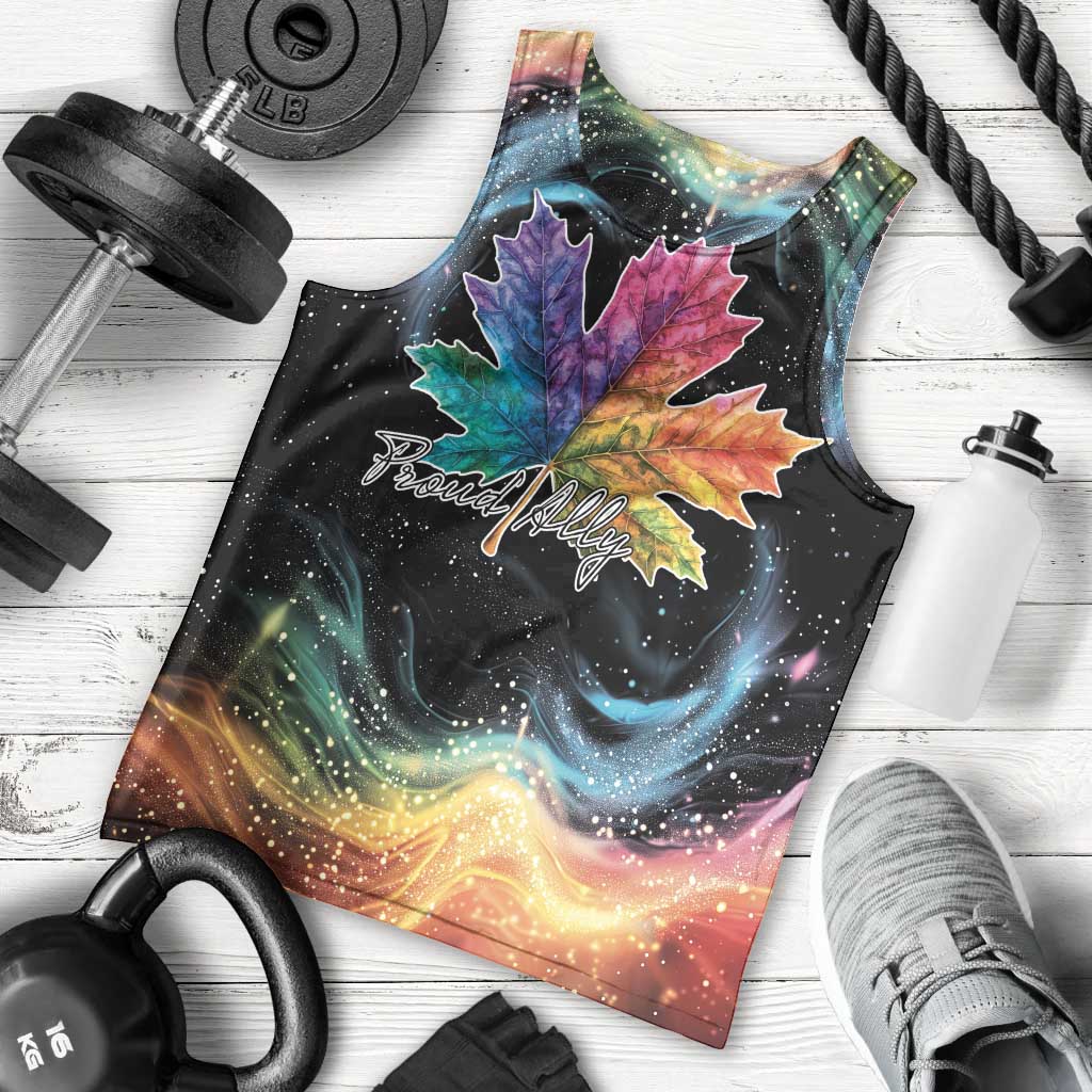 Men's black tank top flat lay with rainbow maple leaf galaxy rainbow print