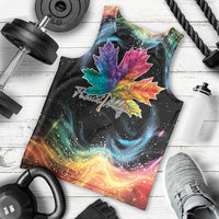 Men's black tank top flat lay with rainbow maple leaf galaxy rainbow print
