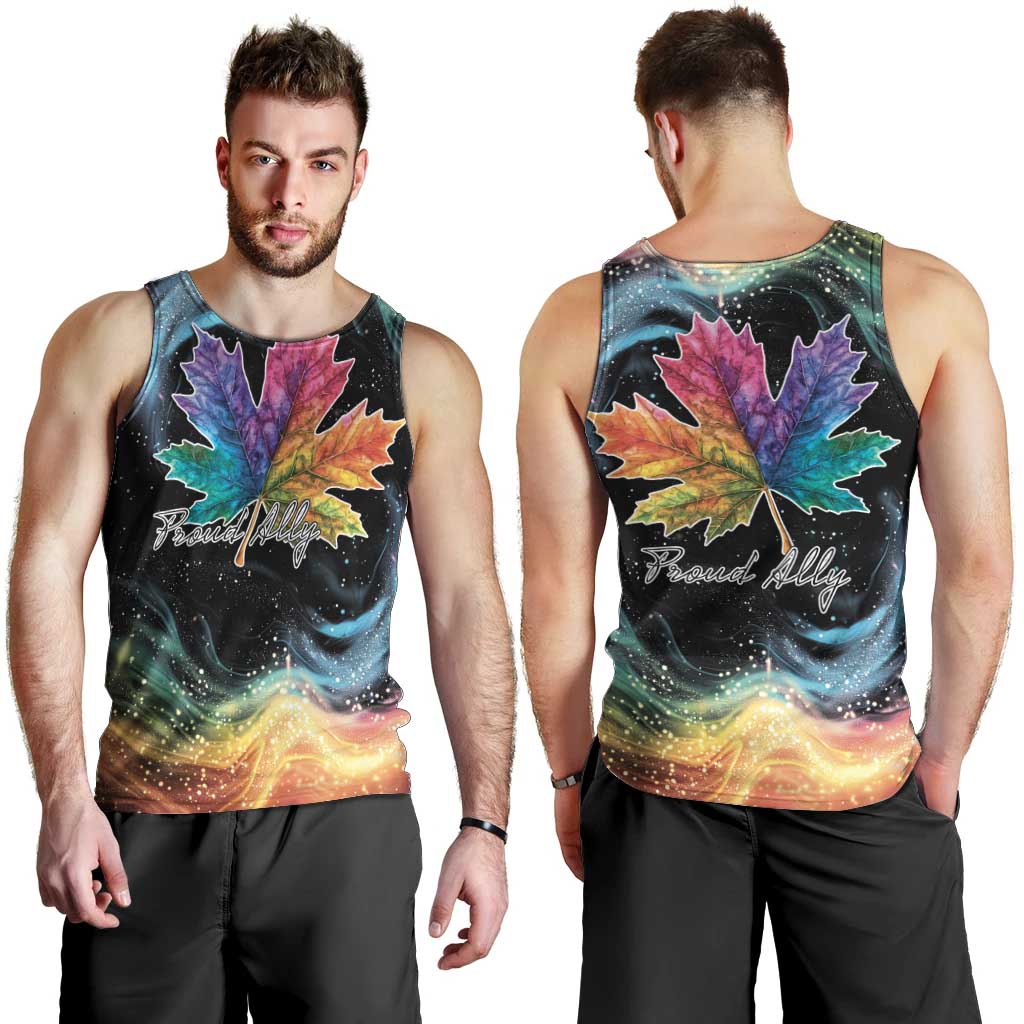 Men's black tank top front and back views, rainbow maple leaf galaxy graphic