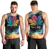 Men's black tank top front and back views, rainbow maple leaf galaxy graphic
