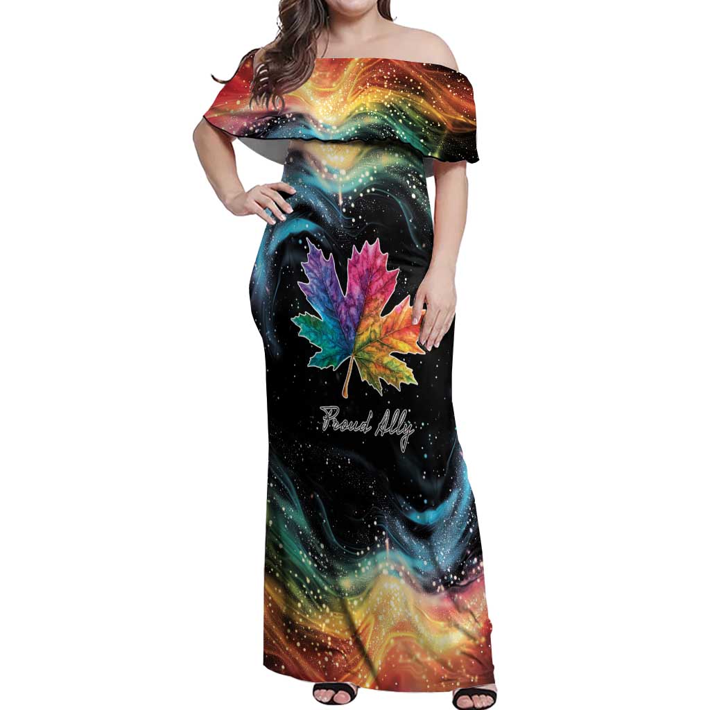 Rainbow Maple Leaf Off Shoulder Maxi Dress Canada Pride Show Your Colors - Wonder Print Shop