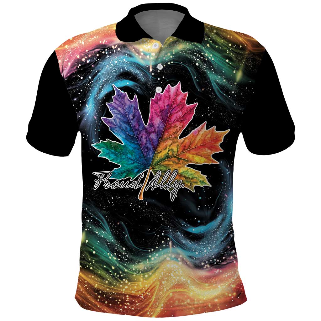 Black polo shirt with colorful maple leaf and starry rainbow graphic, Proudly text