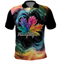 Black polo shirt with colorful maple leaf and starry rainbow graphic, Proudly text