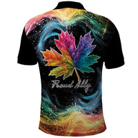 Black polo shirt back with colorful maple leaf, starry rainbow waves, Proudly text